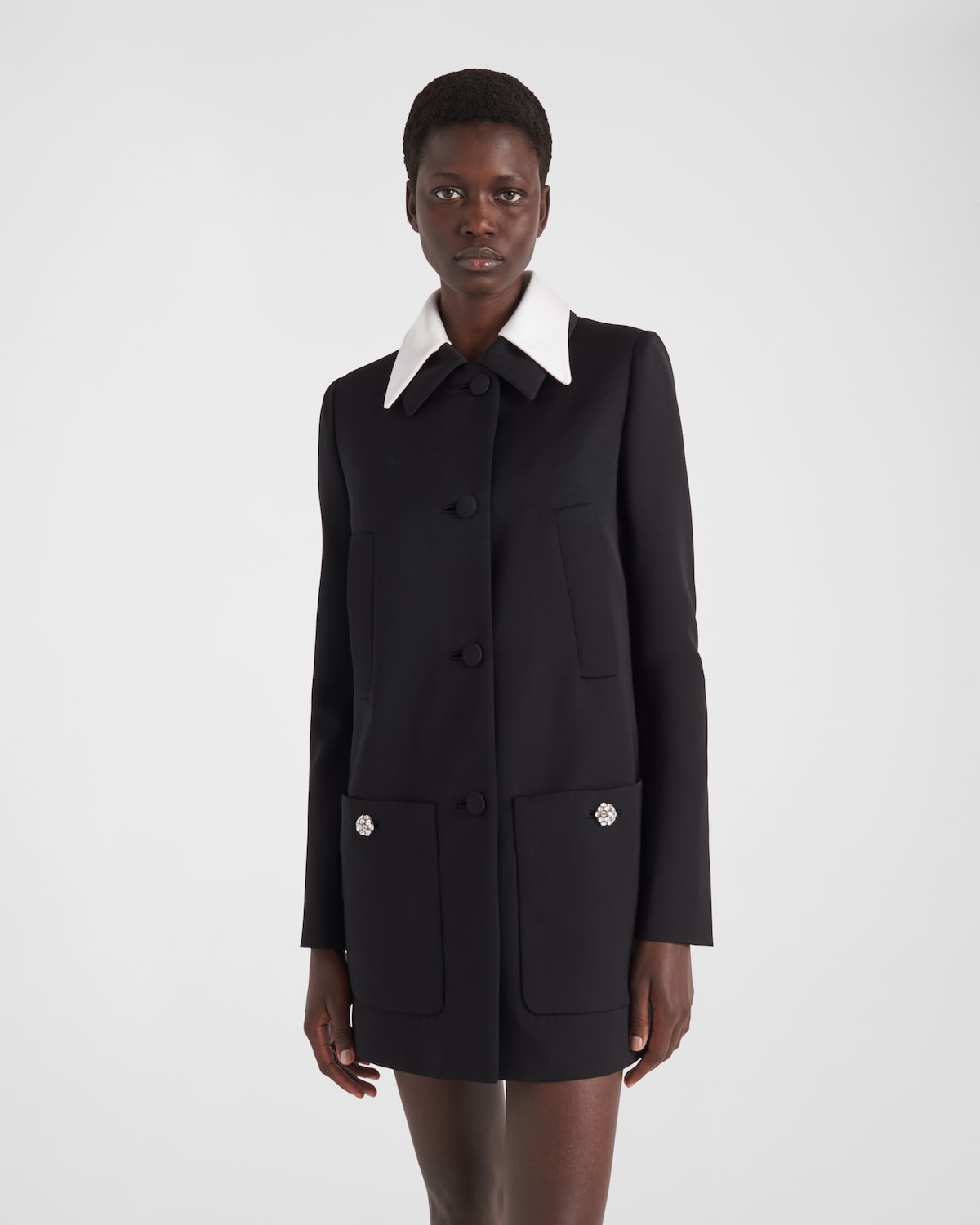 Prada Abrigo De Botonadura Simple En Satén De Lana Con Cuello