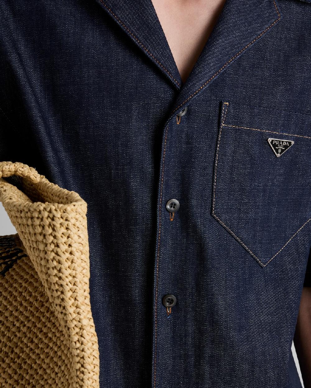 Prada Camisa De Manga Corta En Tejido Vaquero Con Orillo