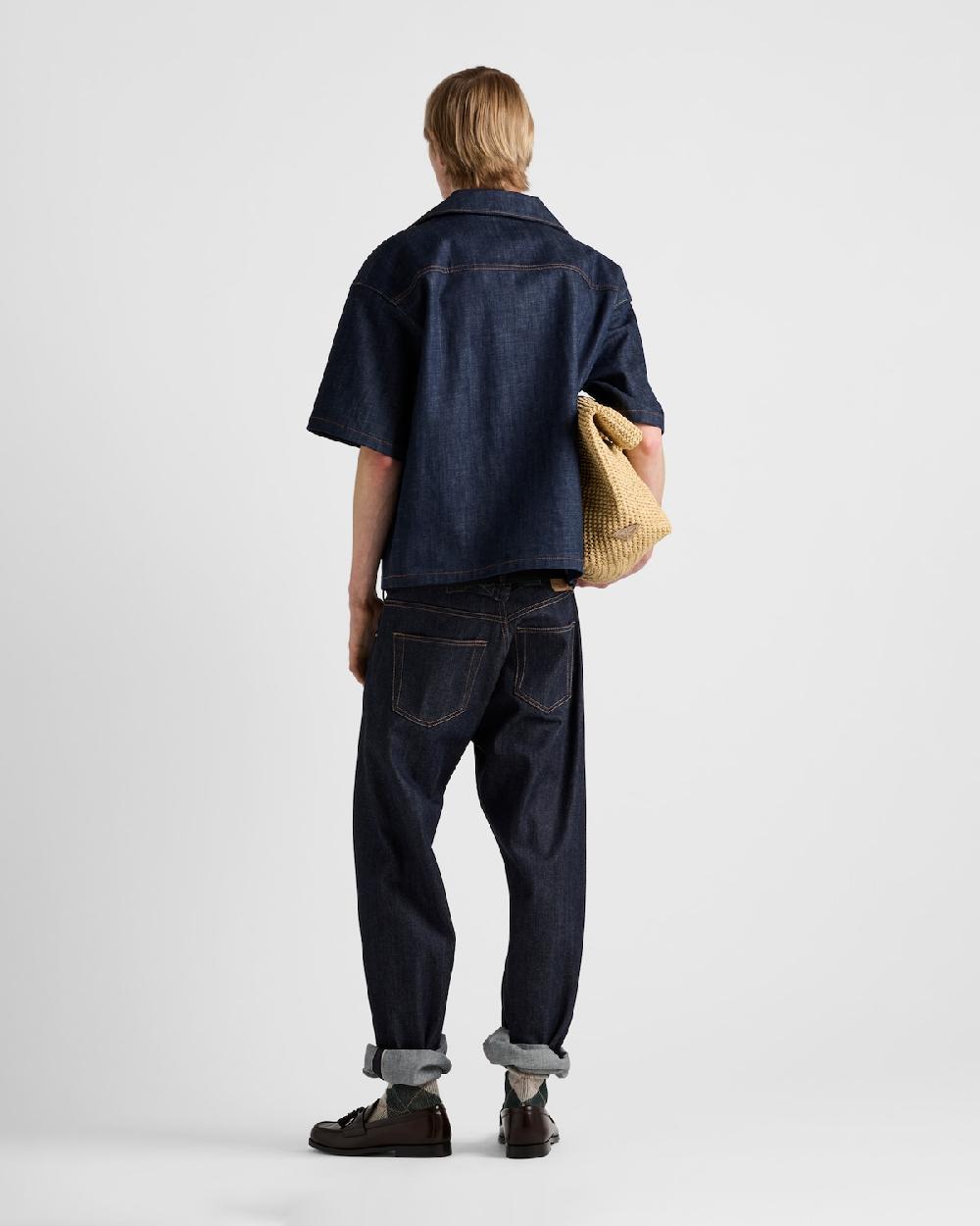 Prada Camisa De Manga Corta En Tejido Vaquero Con Orillo