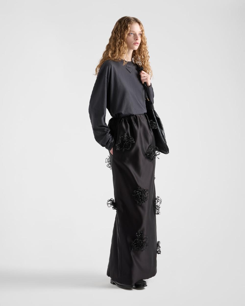 Prada Falda larga de satén en tejido doble con bordados