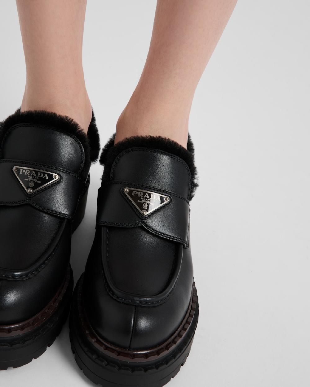 Prada Mocasines Double Chocolate De Piel Y Borreguillo