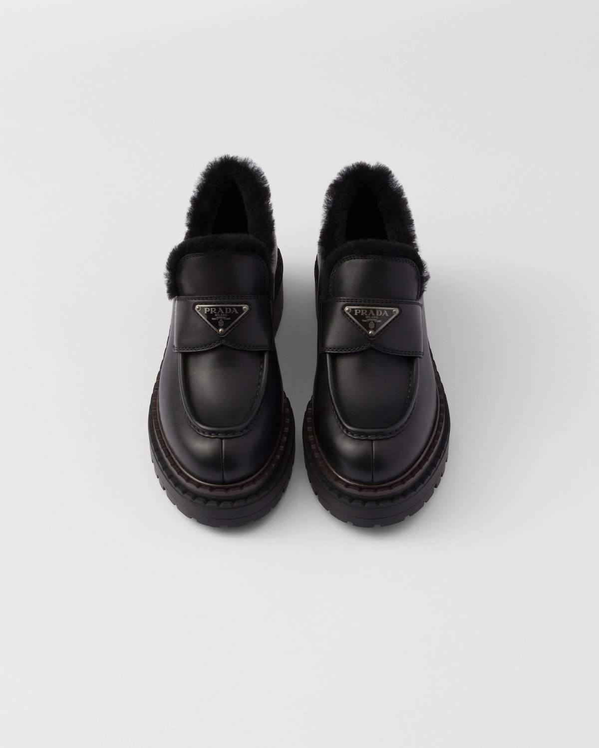 Prada Mocasines Double Chocolate De Piel Y Borreguillo