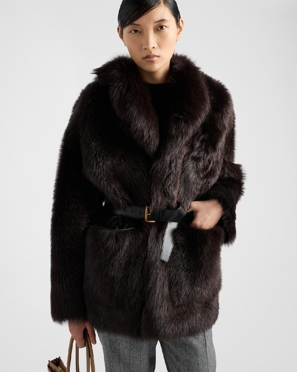 Prada Chaqueta Caban De Borreguillo Con Cinturón