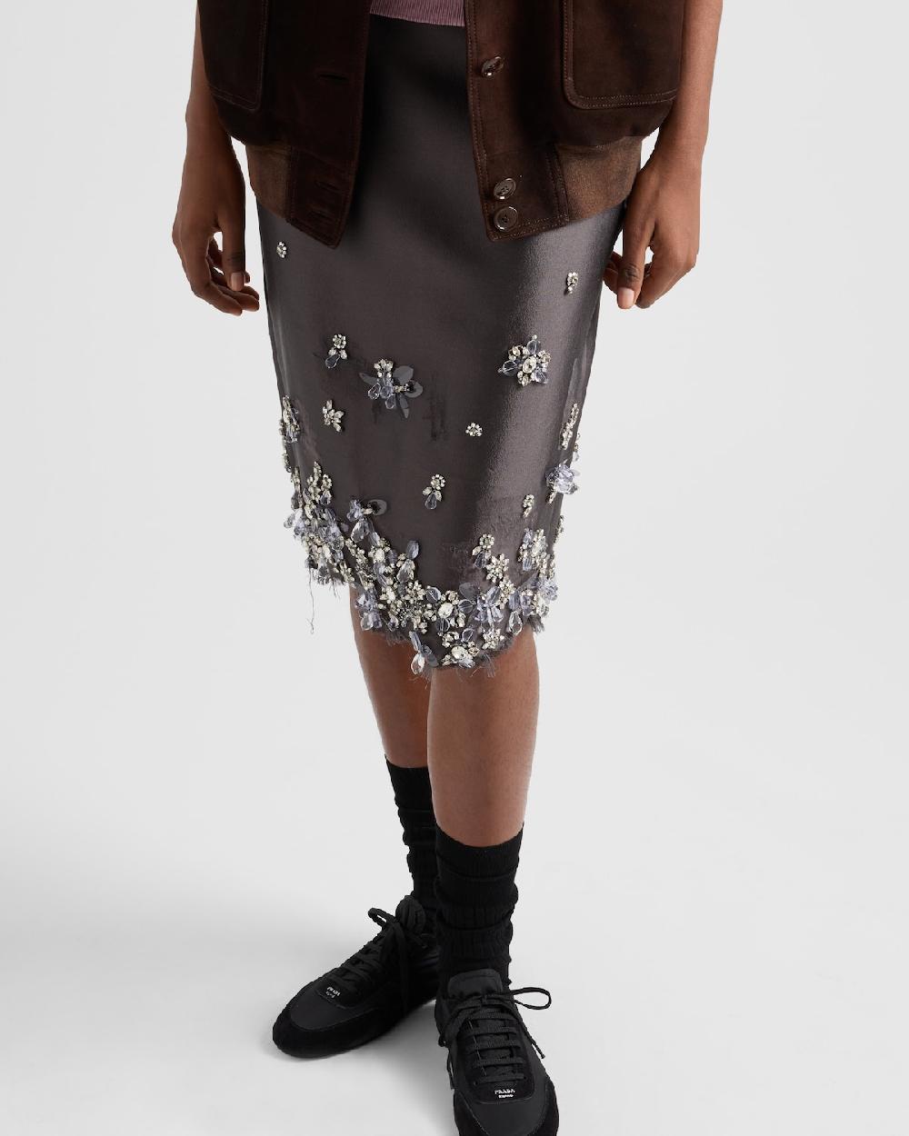 Prada Falda De Lana Con Bordado De Seda