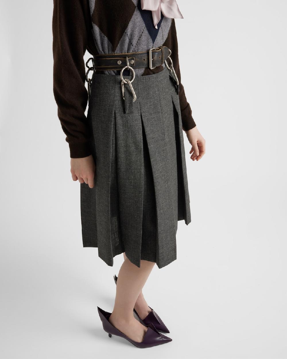 Prada Falda Plisada Con Cinturón Y Pespuntes