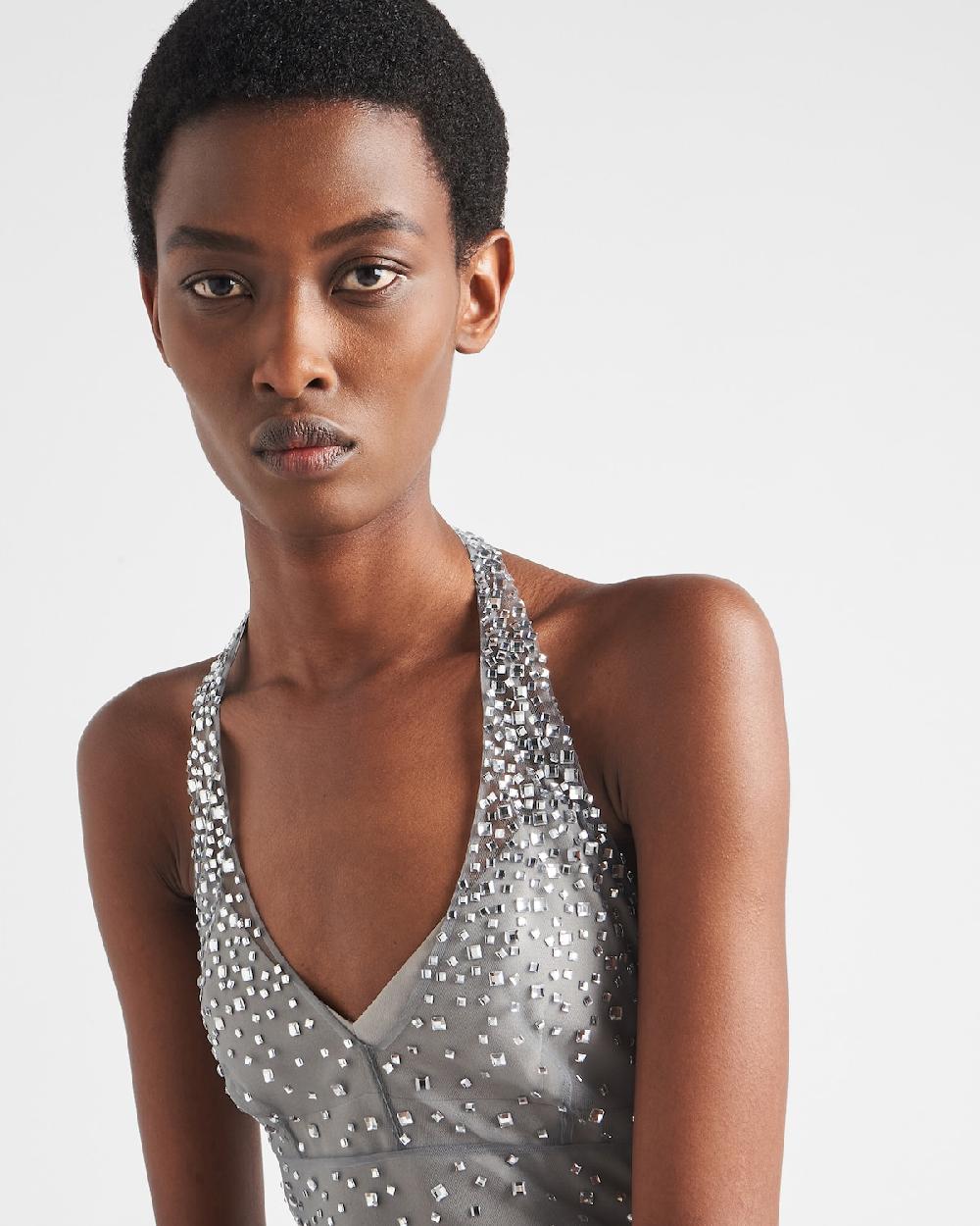 Prada Vestido Halter De Tul Bordado