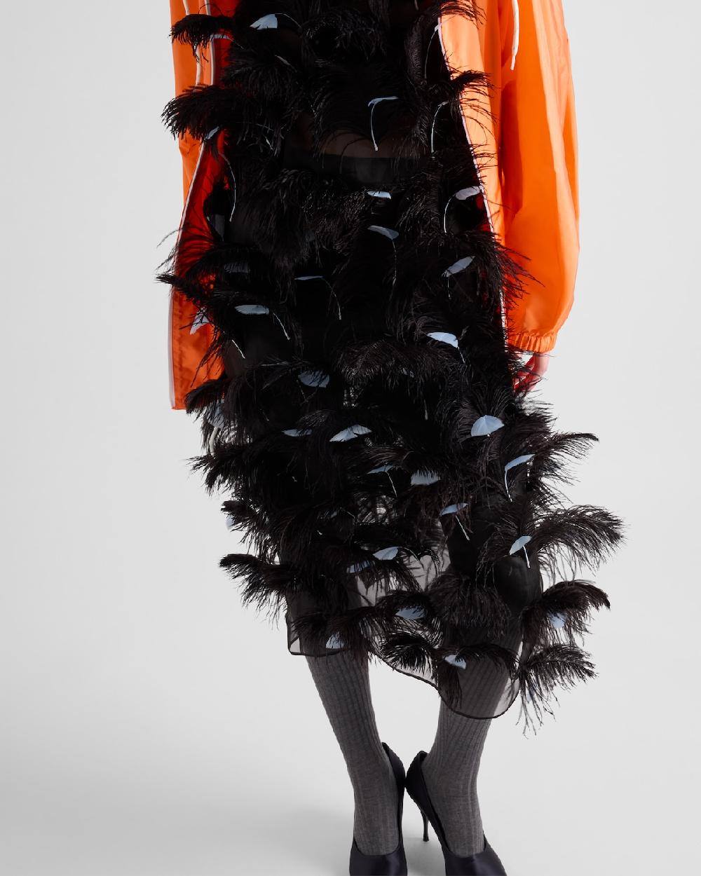 Prada Vestido En Organza De Seda Adornado Con Plumas