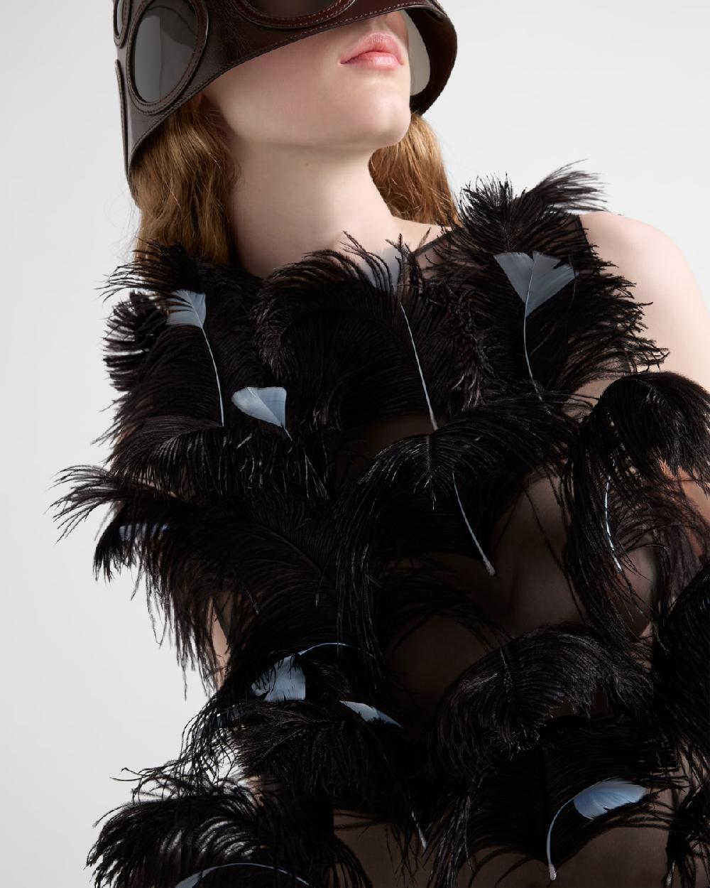 Prada Vestido En Organza De Seda Adornado Con Plumas