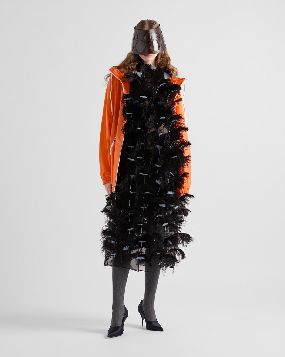 Prada Vestido en organza de seda adornado con plumas