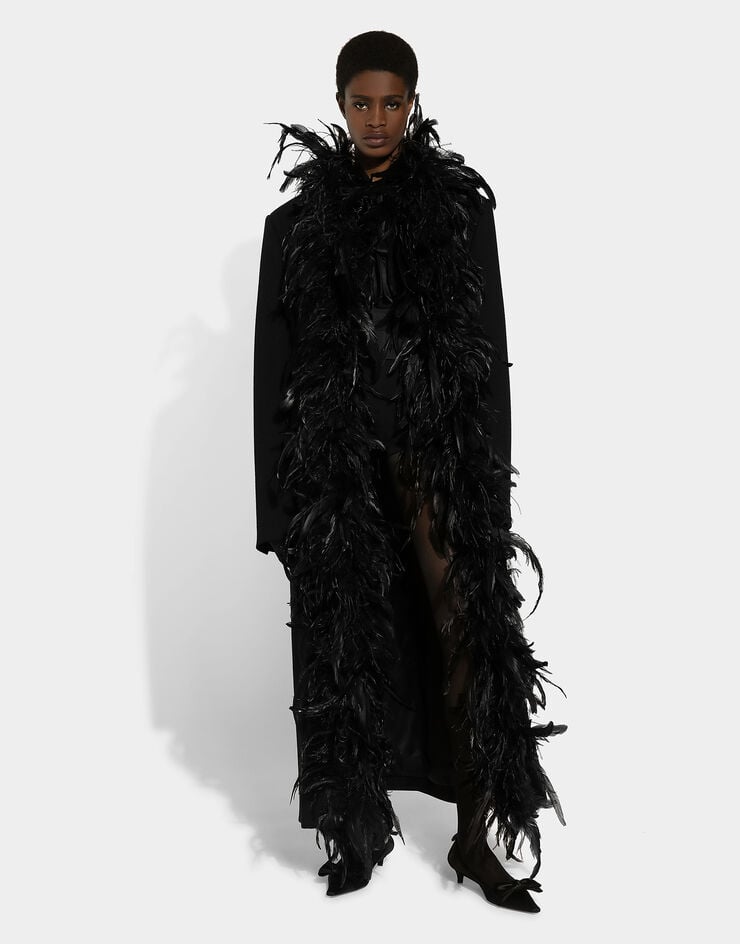 Dolce & Gabbana Abrigo De Botonadura Doble En Crepé De Lana Con Cinturón Y Aplicación De Plumas De Gallo