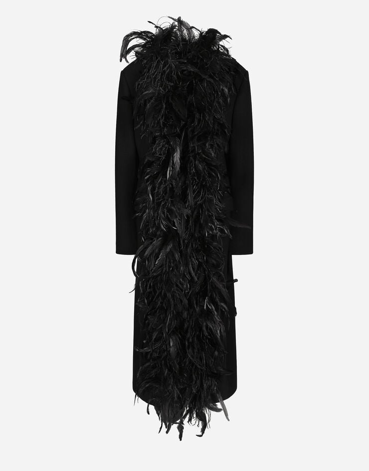 Dolce & Gabbana Abrigo de botonadura doble en crepé de lana con cinturón y aplicación de plumas de gallo