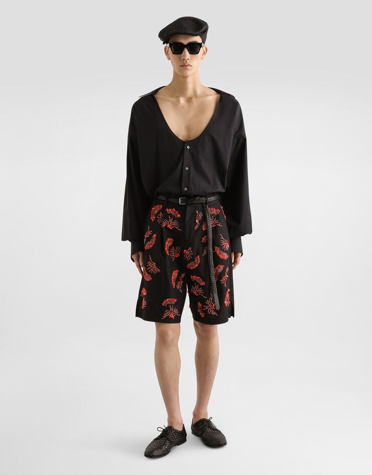 Dolce & Gabbana Bermudas De Sarga De Algodón Con Bordado De Corales