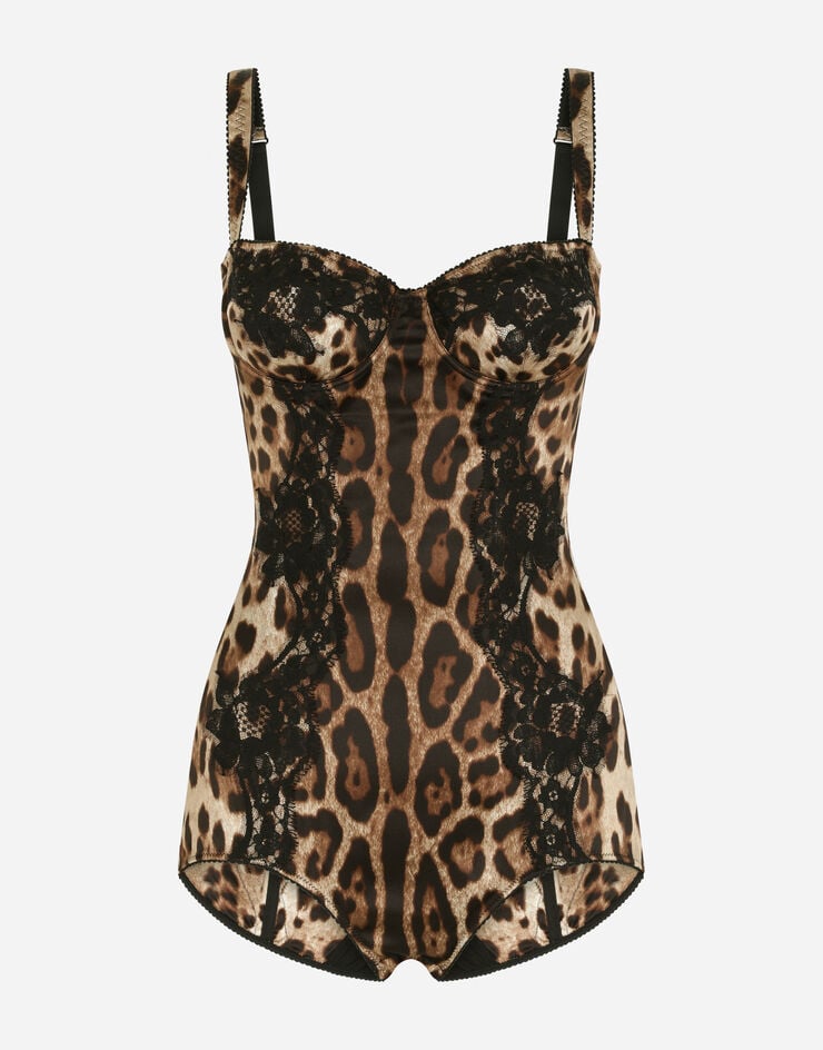 Dolce & Gabbana Bodi íntimo en balconette de seda con detalles en encaje estampado leopardo