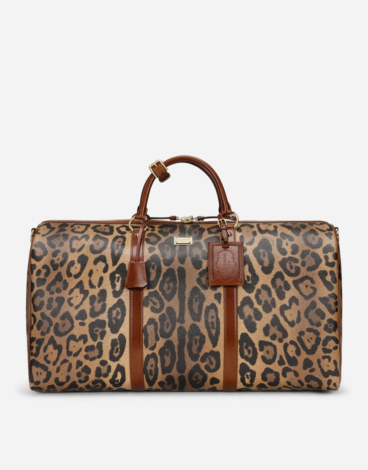 Dolce & Gabbana Bolsa de viaje mediana en crespo estampado leopardo con placa con logotipo