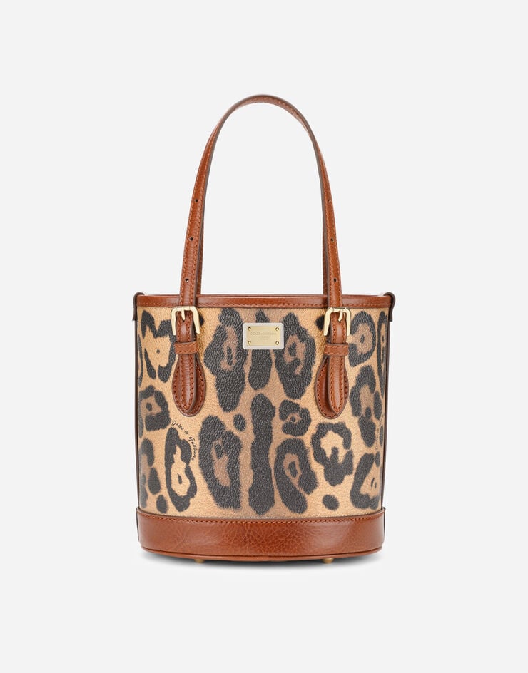 Dolce & Gabbana Bolso bombonera pequeño en crespo estampado leopardo con placa con logotipo