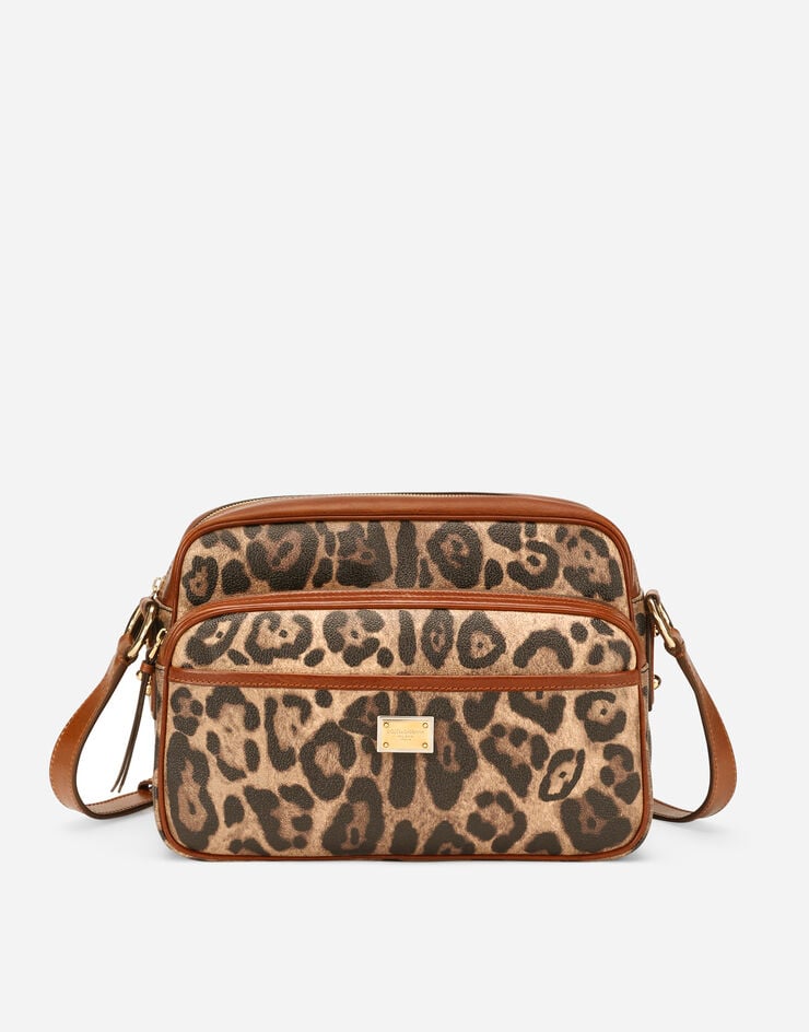Dolce & Gabbana Bolso de mano en crespo estampado leopardo con placa con logotipo