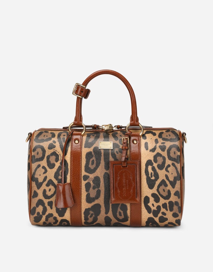 Dolce & Gabbana Bolso de mano en crespo estampado leopardo con placa con logotipo