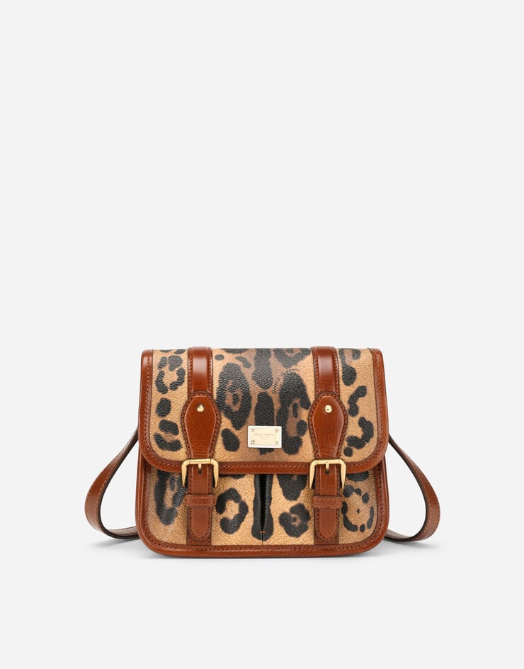 Dolce & Gabbana Bolso messenger pequeño en crespo estampado leopardo con placa con logotipo