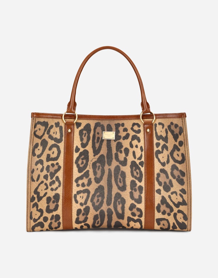 Dolce & Gabbana Bolso shopper en crespo estampado leopardo con placa con logotipo