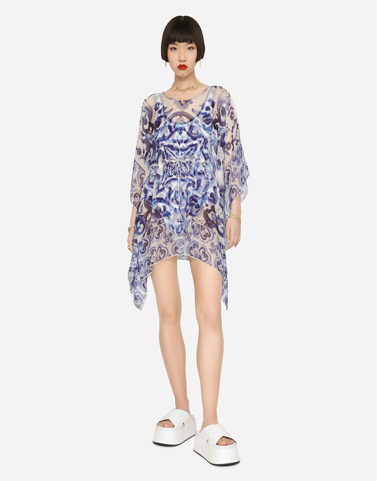 Dolce & Gabbana Caftán Corto De Chifón Con Estampado De Mayólica
