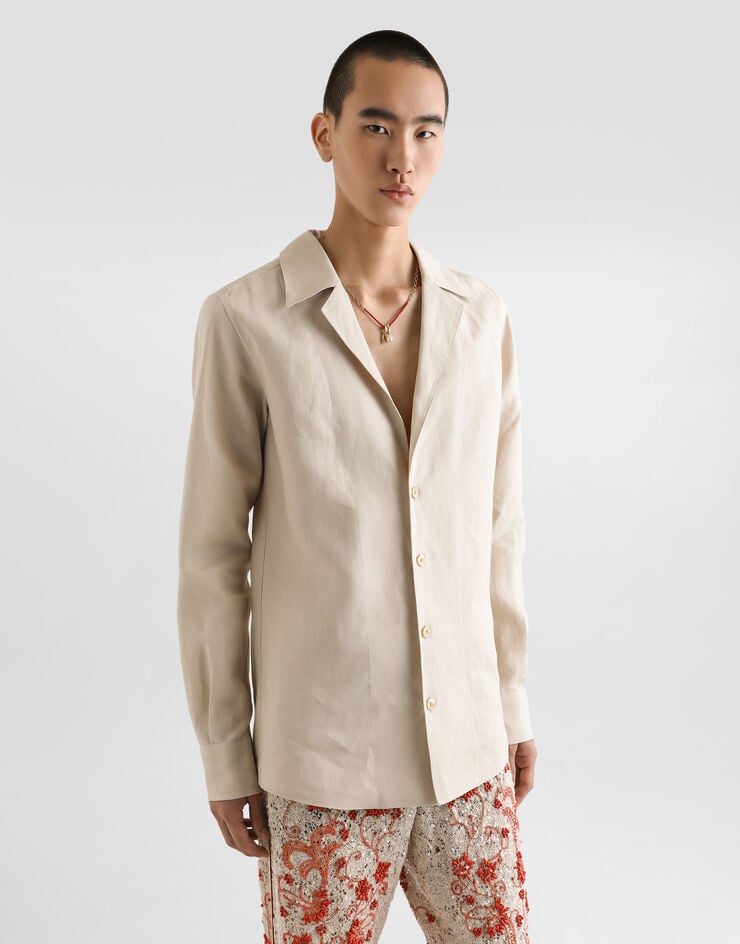 Dolce & Gabbana Camisa De Manga Larga Con Cuello De Pico De Tela De Lino