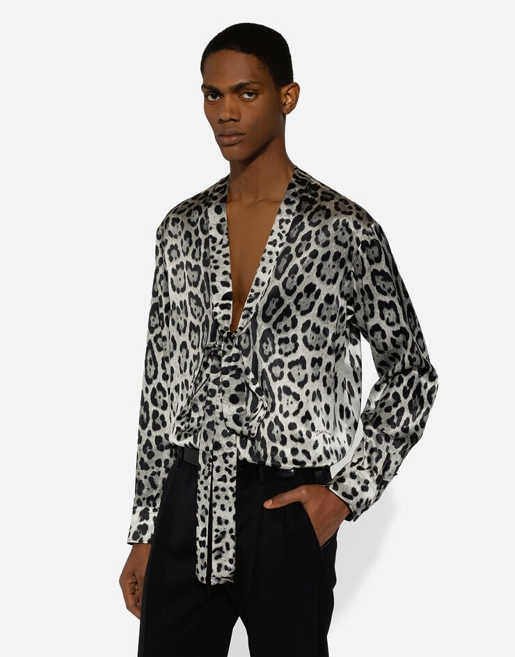 Dolce & Gabbana Camisa De Seda Con Estampado De Leopardo Y Detalle De Lazada