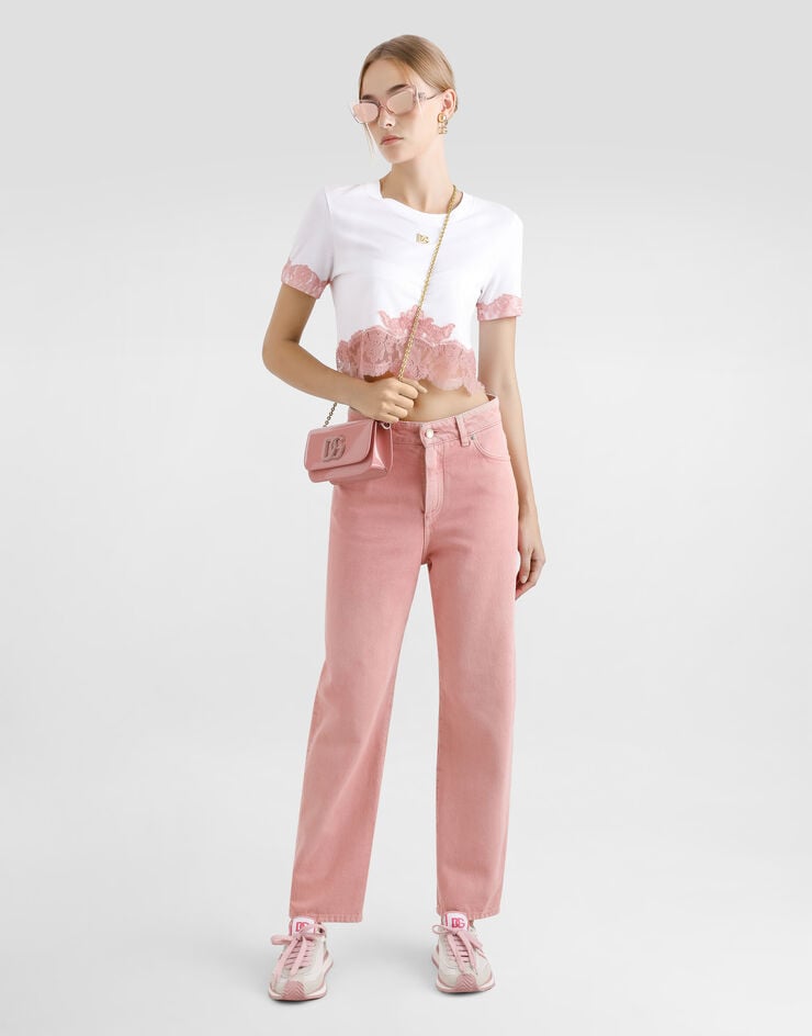 Dolce & Gabbana Camiseta Corta De Punto Con Aplicaciones De Encaje Y Logotipo DG