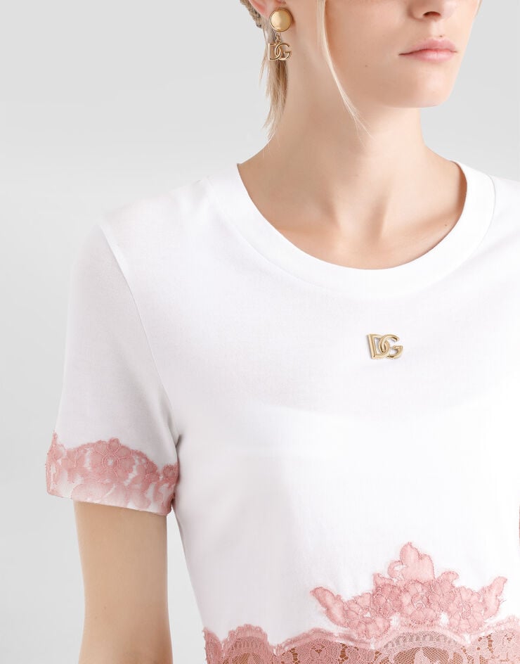 Dolce & Gabbana Camiseta Corta De Punto Con Aplicaciones De Encaje Y Logotipo DG