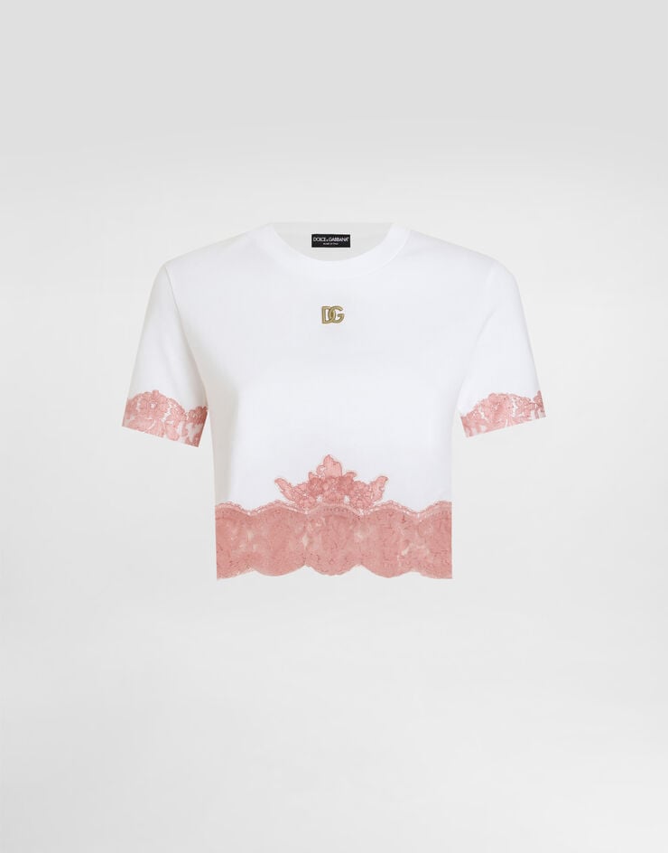 Dolce & Gabbana Camiseta corta de punto con aplicaciones de encaje y logotipo DG