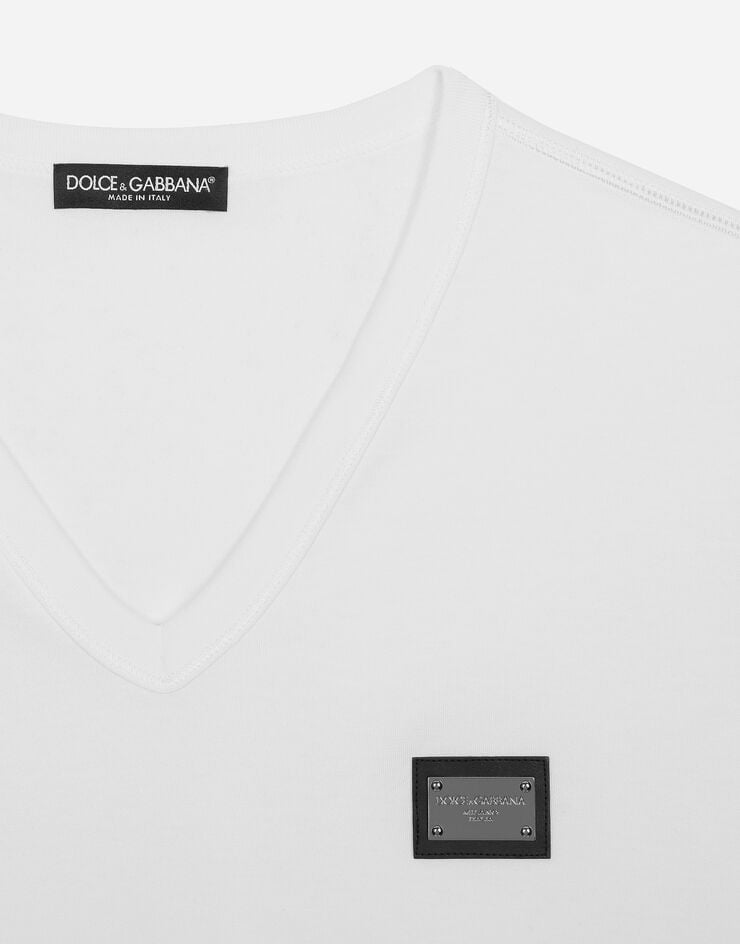 Dolce & Gabbana Camiseta De Algodón Con Cuello De Pico Y Placa Con Logotipo