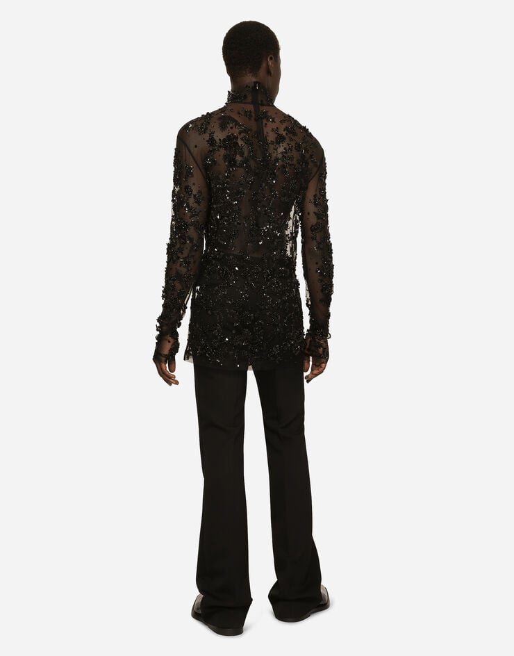 Dolce & Gabbana Camiseta De Cuello Alto En Tul Con Bordados De Lentejuelas