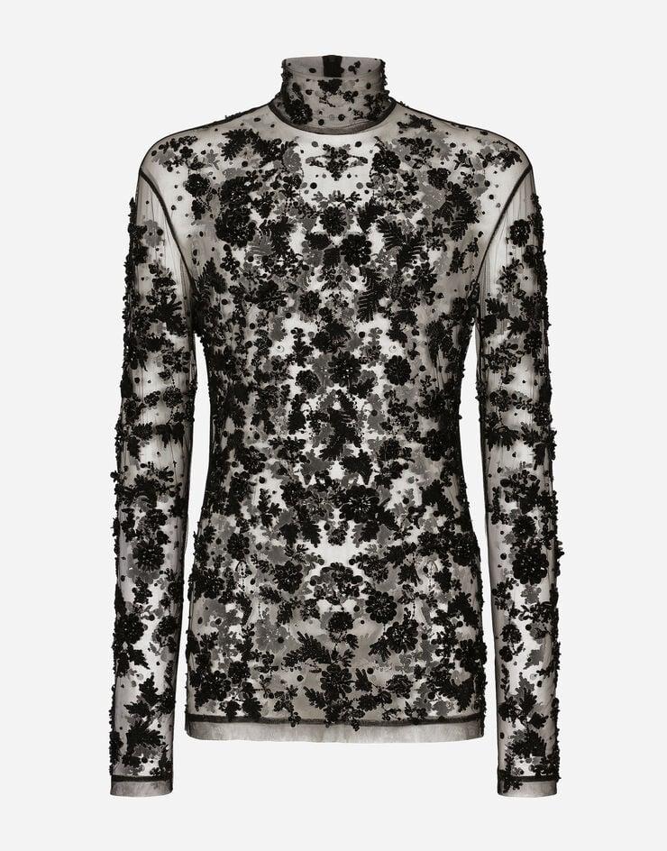 Dolce & Gabbana Camiseta de cuello alto en tul con bordados de lentejuelas