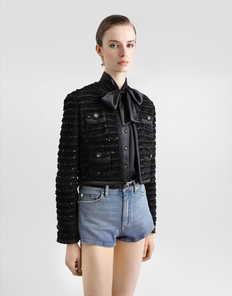 Dolce & Gabbana Chaqueta Corta De Tweed Con Botonadura Recta Y Bordado De Microlentejuelas