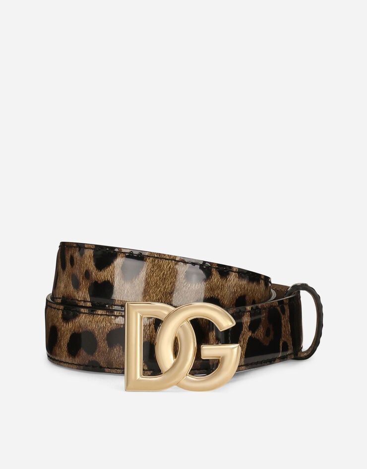 Dolce & Gabbana Cinturón en piel de becerro brillante con estampado de leopardo con logotipo DG