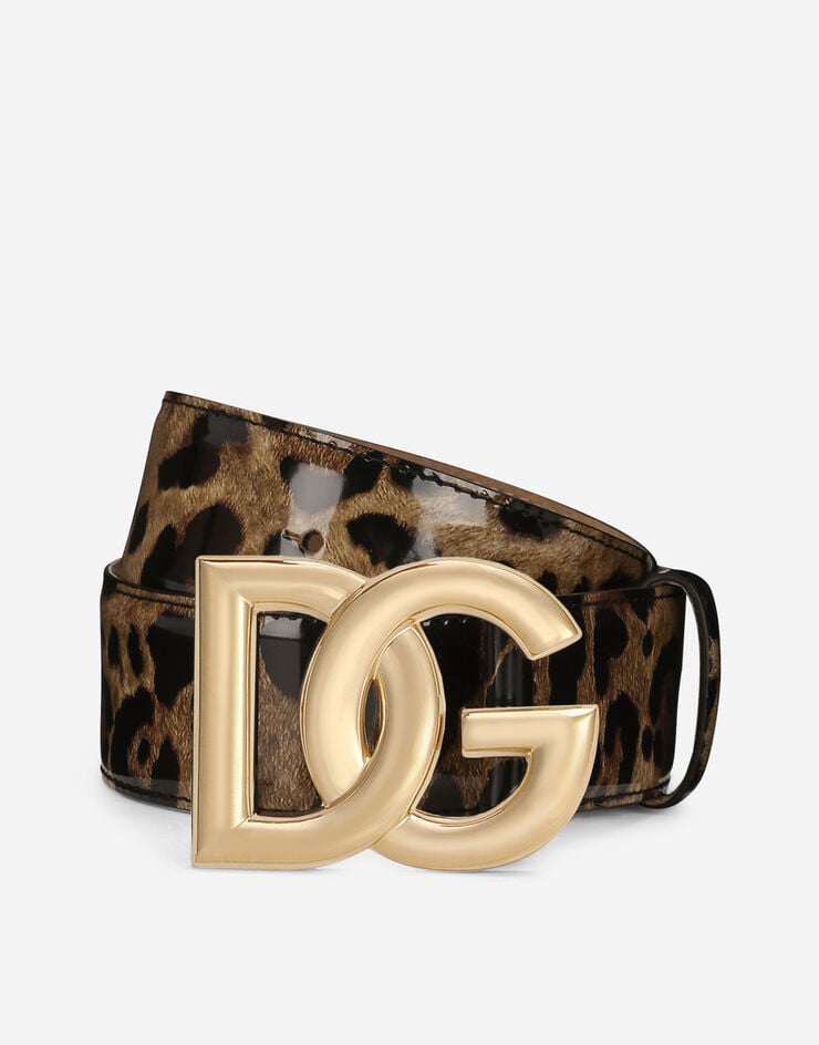 Dolce & Gabbana Cinturón en piel de becerro brillante con estampado de leopardo con logotipo DG