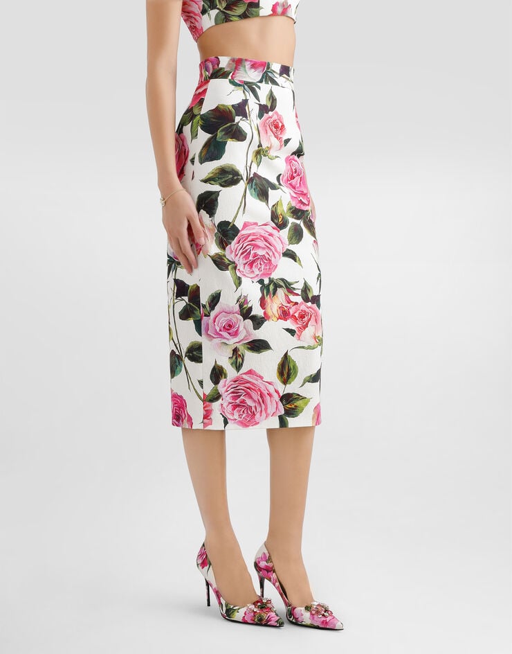 Dolce & Gabbana Falda Longuette De Algodón Jacquard Con Estampado De Rosas