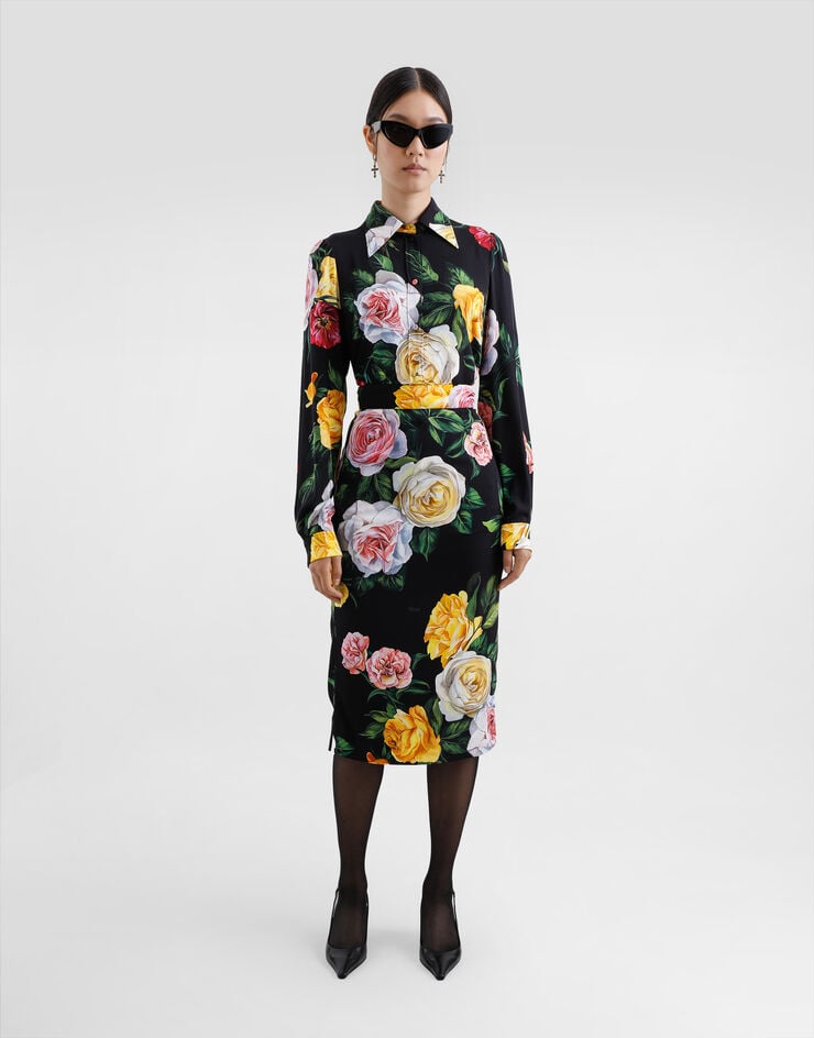 Dolce & Gabbana Falda Longuette De Charmeuse Con Estampado De Peonías Y Rosas