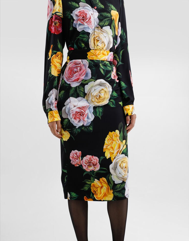 Dolce & Gabbana Falda Longuette De Charmeuse Con Estampado De Peonías Y Rosas
