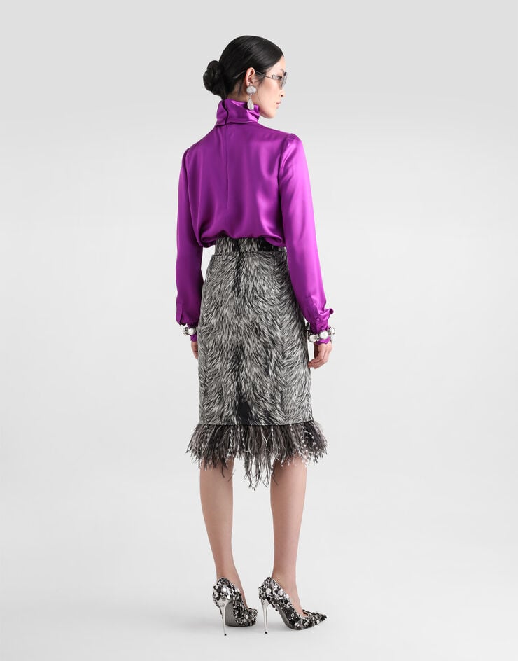 Dolce & Gabbana Falda Longuette De Tubo De Charmeuse Con Estampado De Piel De Animal Con Plumas