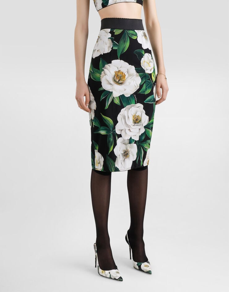 Dolce & Gabbana Falda Longuette Elástica Estilo Tubo Con Estampado De Gardenias