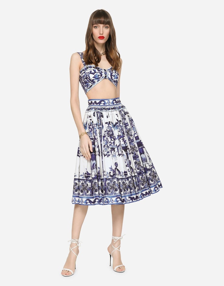 Dolce & Gabbana Falda Midi De Popelina Con Estampado De Mayólica