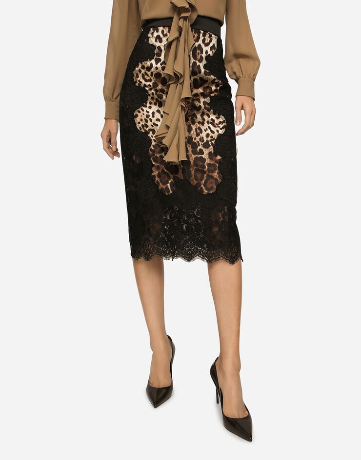 Dolce & Gabbana Falda Midi En Raso Con Estampado De Leopardo Y Aplicaciones De Encaje