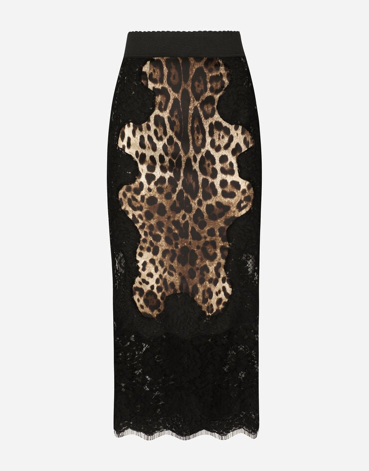 Dolce & Gabbana Falda midi en raso con estampado de leopardo y aplicaciones de encaje