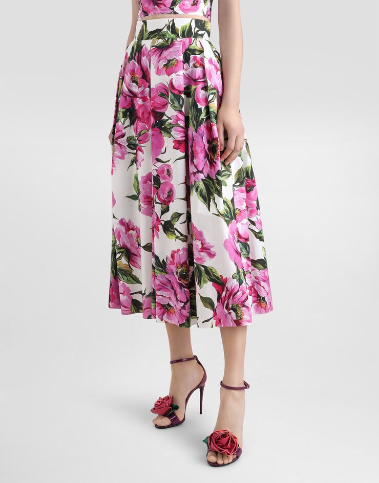 Dolce & Gabbana Falda Plato De Algodón Con Estampado De Peonías