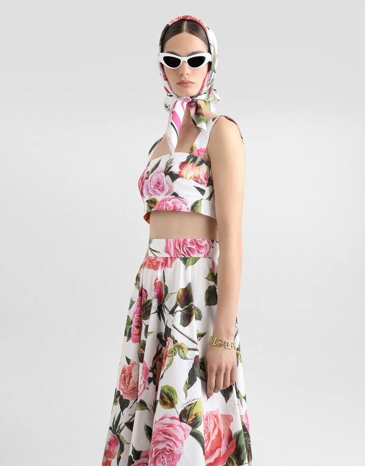 Dolce & Gabbana Falda Plato De Algodón Con Estampado De Rosas