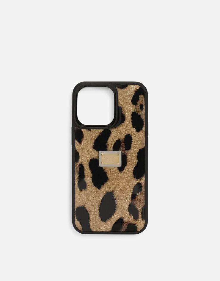 Dolce & Gabbana Funda para iPhone 14 Pro en piel de becerro brillante con estampado de leopardo