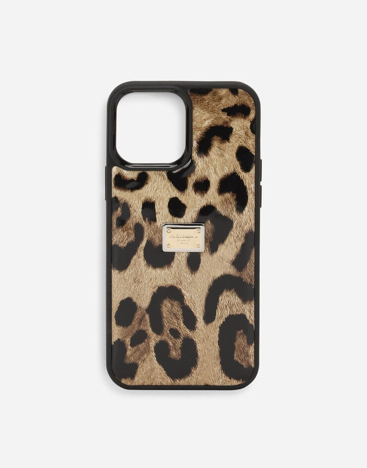 Dolce & Gabbana Funda para iPhone 14 Pro Max en piel de becerro brillante con estampado de leopardo