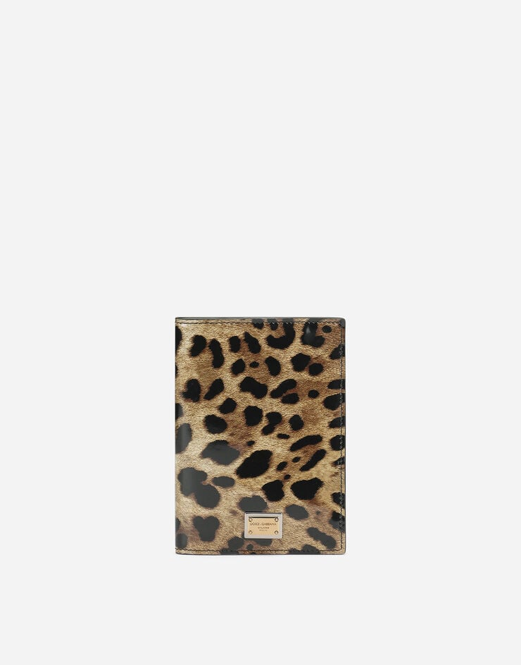 Dolce & Gabbana Funda para pasaporte en piel de becerro brillante con estampado de leopardo
