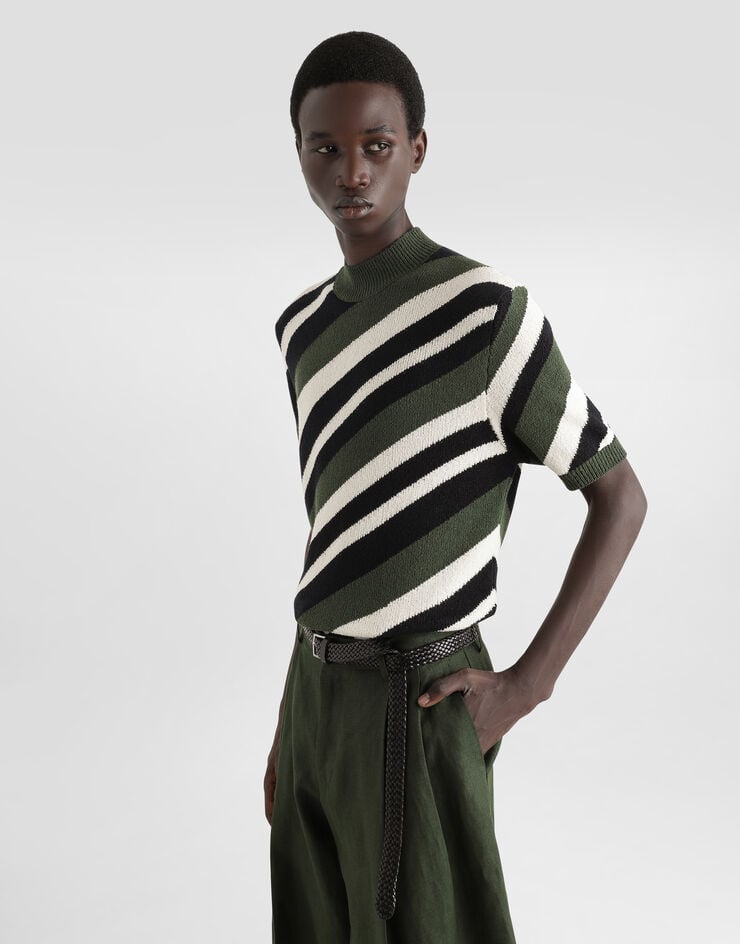 Dolce & Gabbana Jersey De Algodón De Manga Corta Con Cuello Alto E Intarsia A Rayas