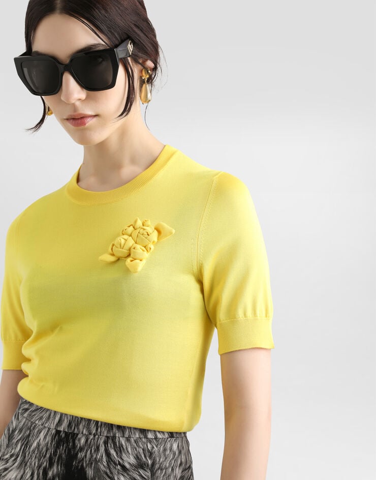 Dolce & Gabbana Jersey De Manga Corta De Seda Con Adorno De Flor